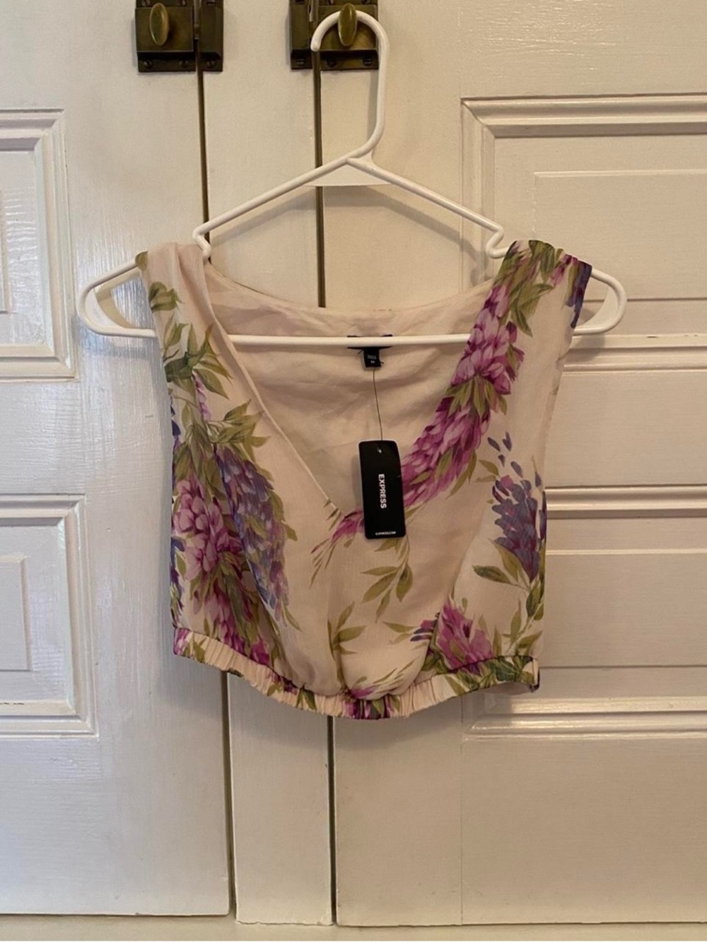 Express Cream Floral V-Neck Crop Top with Purple & Green Print